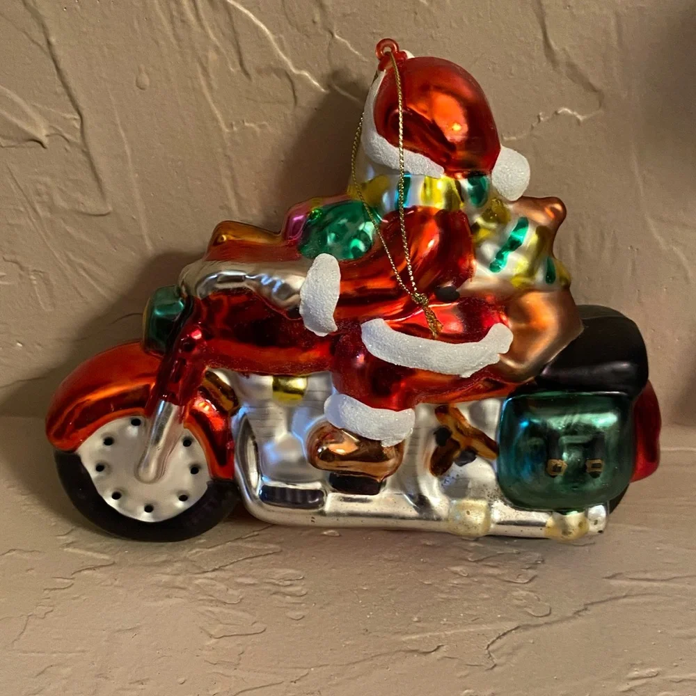 Vtg Glass Santa Motorcycle Christmas Tree Ornament
